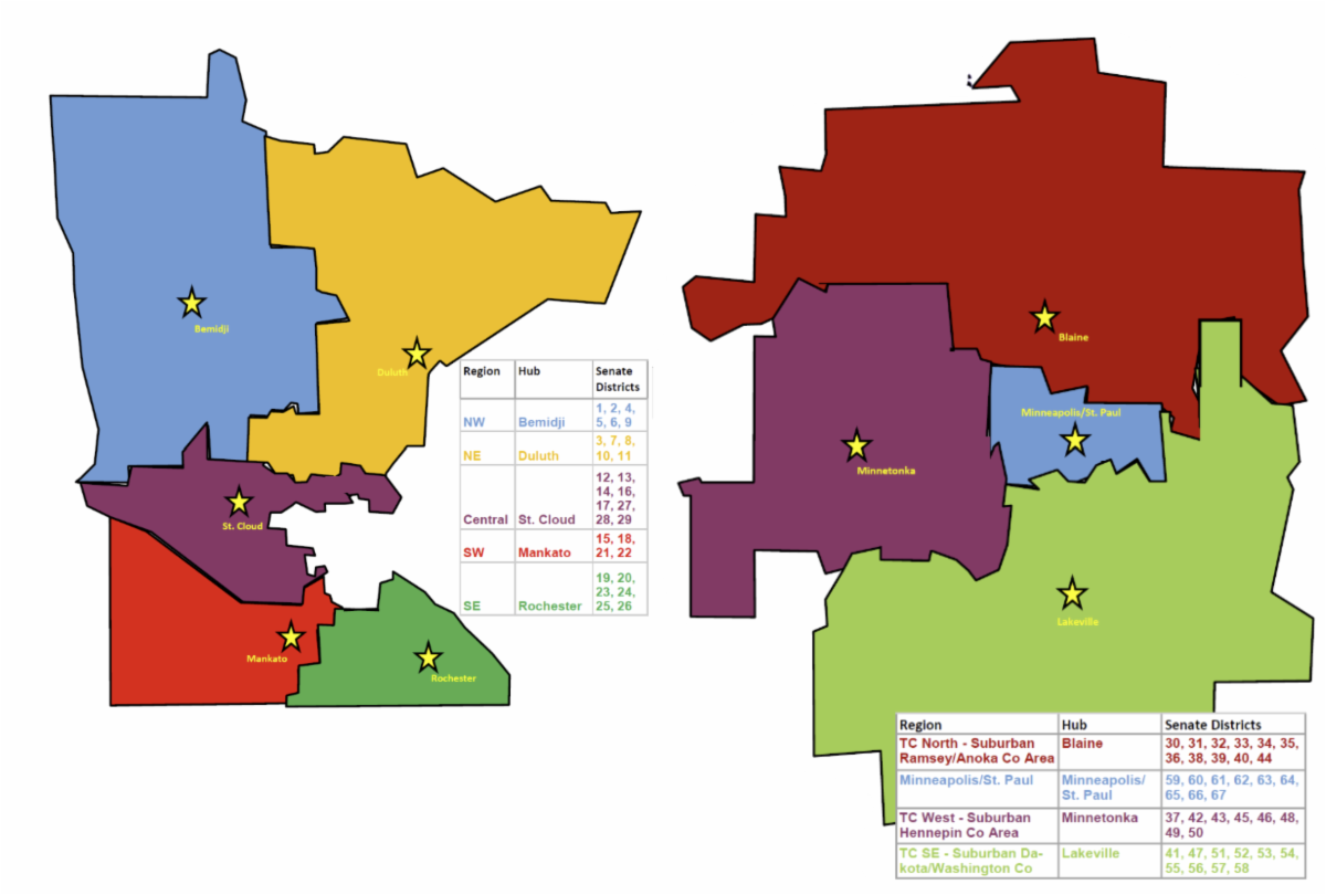 A map showing the border locations of the MN regions