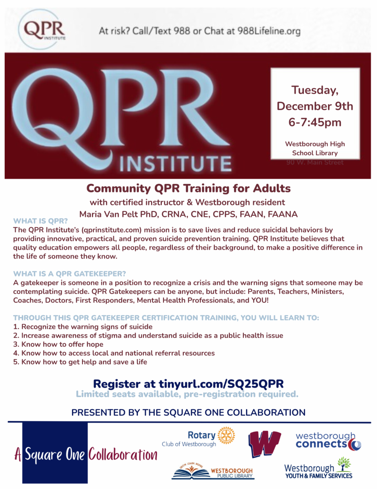 Square One Program Announcement: December 9th QPR Gatekeeper Training ...