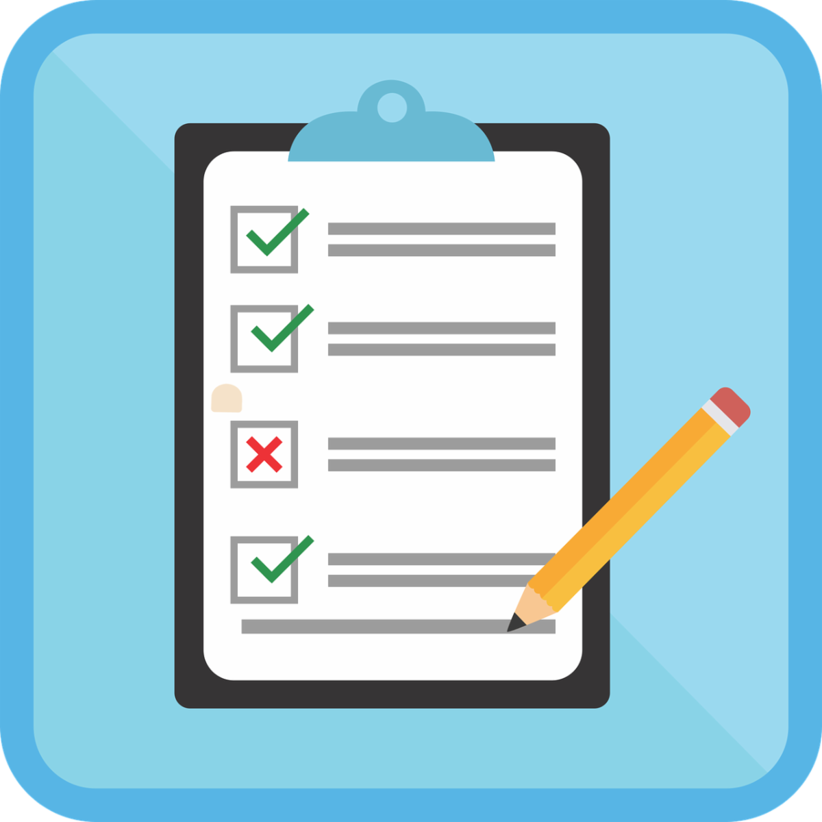 A cartoon stock photo shows a checklist on a clipboard.