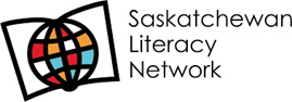 Saskatchewan Literacy Network logo. The logo shows a simple black outline of an open book, with a multicoloured globe in the centre.