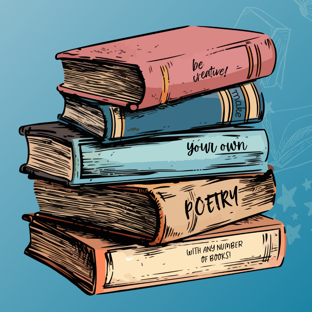 A cartoon image of a stack of books with all of the spines facing out.