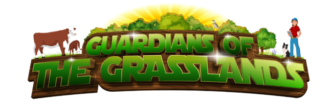 Guardians of the Grasslands Logo including a cow and farmer in a field.