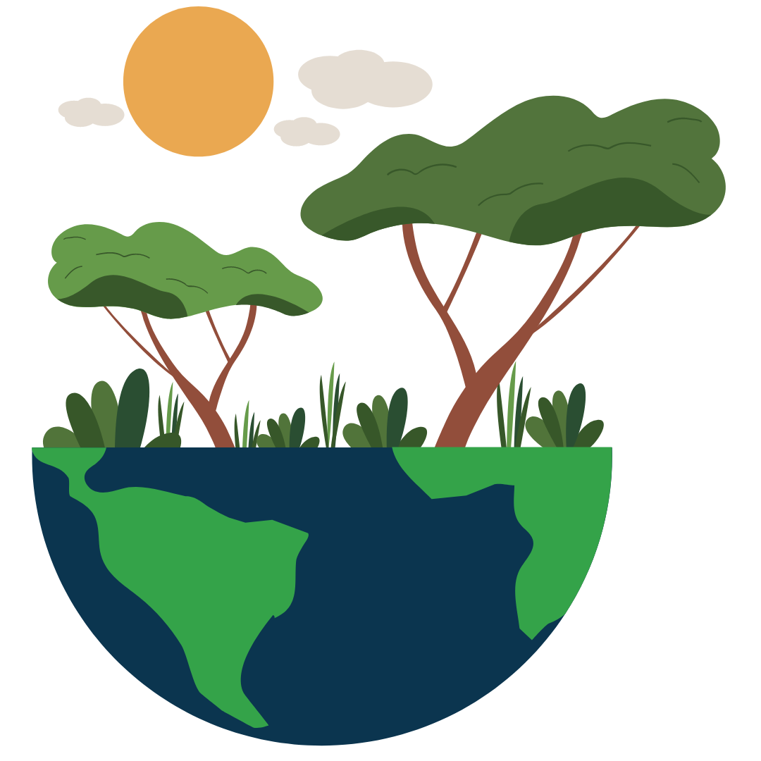 An illustration shows trees and plants growing up out of the bottom half of a globe. Above the trees are a sun and three small clouds.