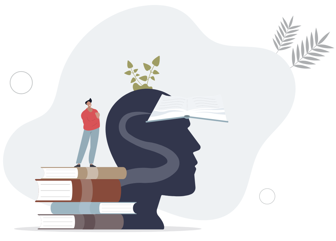 An illustration of a man standing on a stack of books in front of the silhouette of a man's head, flying paper plane, and leaf.