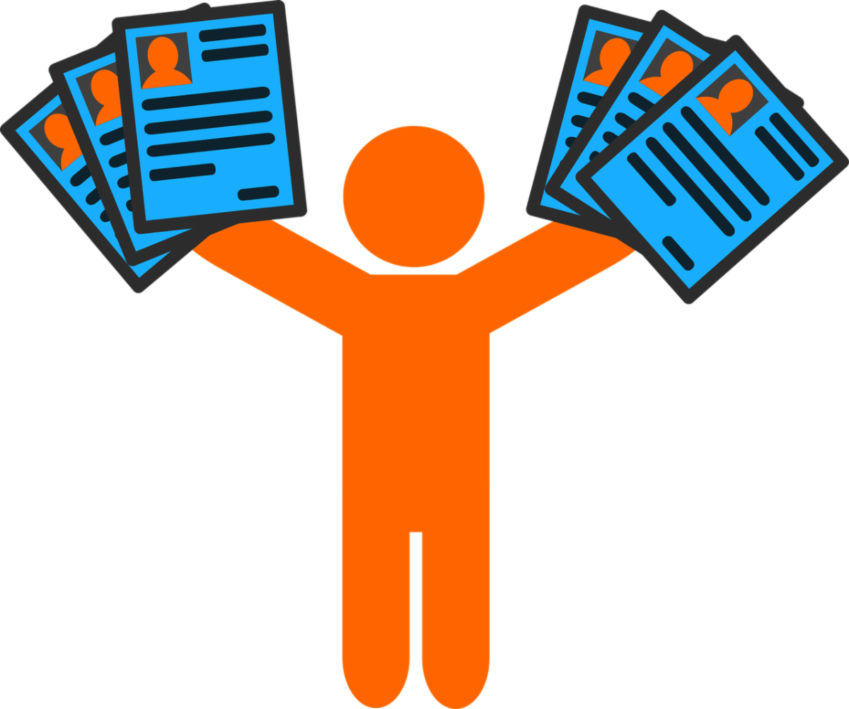 A cartoon graphic shows a person holding up three resumes in each hand.
