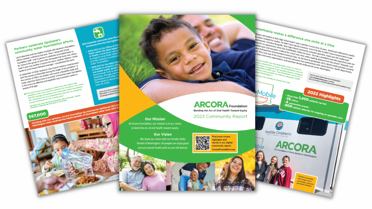 Fanned out print pages of Arcora Foundation community report.