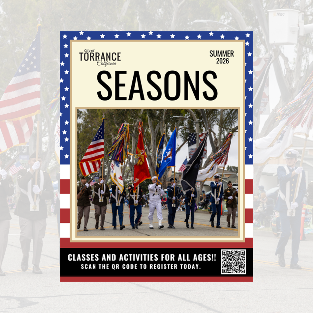 Catalog graphic for City of Torrance SEASONS summer 2026 edition featuring an image of military officers and flags