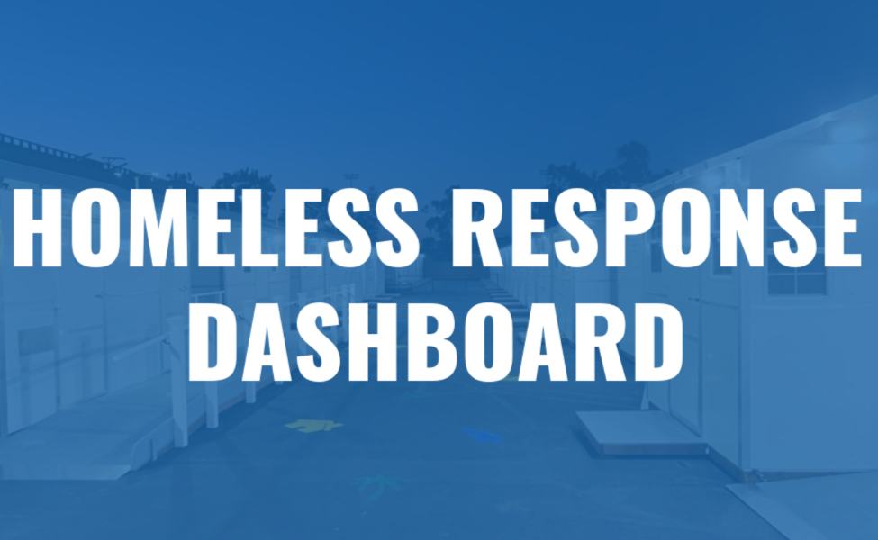 Torrance Tiny Home Village housing for the homeless with a blue overlay and the text 'HOMELESS RESPONSE DASHBOARD' in white bold letters at the top. This image is a hyperlink to the Homeless Response Dashboard.