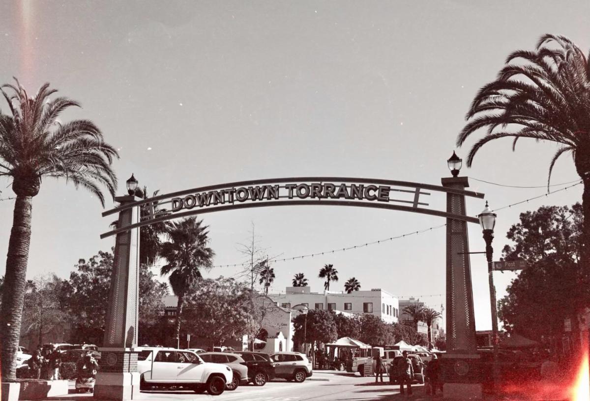 Black and White Photo of the Downtown Torrance Arch