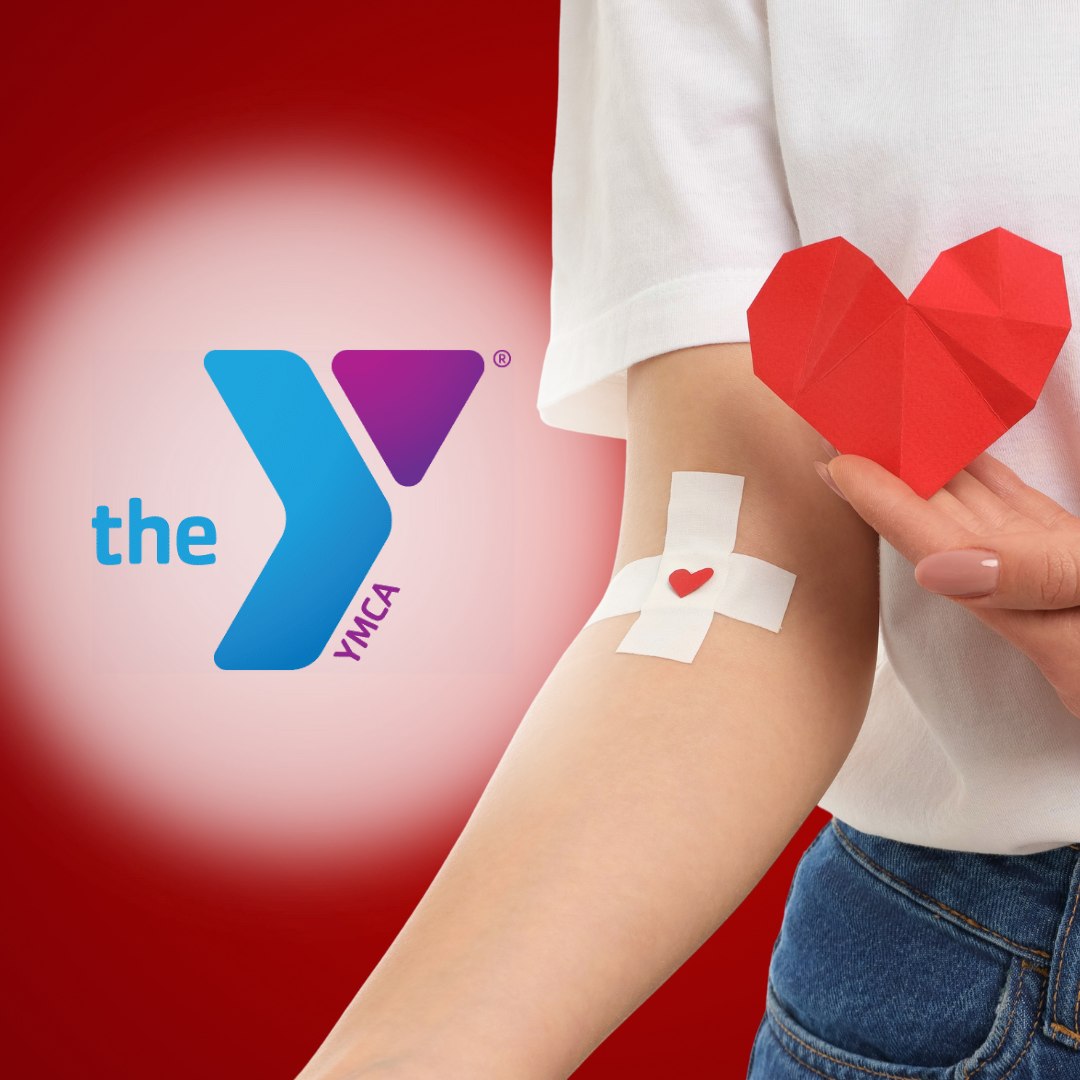 YMCA Logo next to a person that has donated blood. 