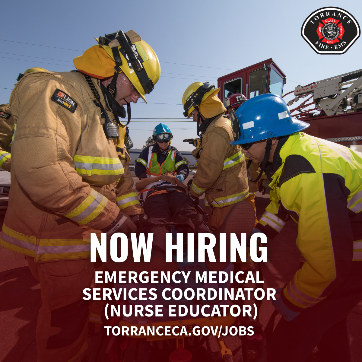 Firefighters in action with Now Hiring Texts in foreground
