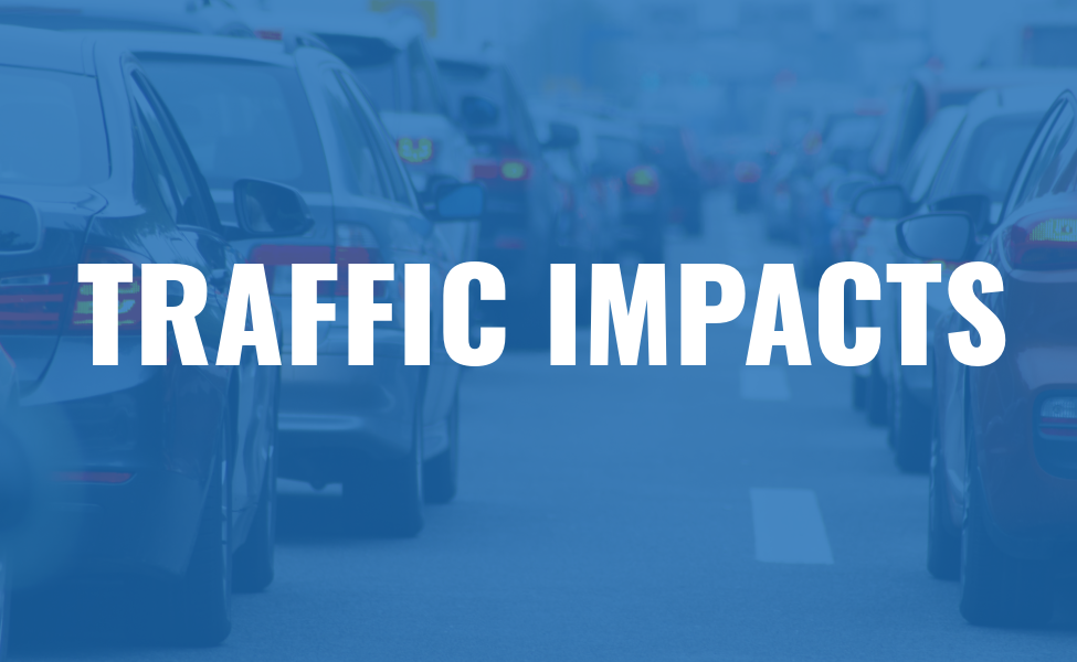 Cars stuck in traffic with a transparent blue overlay and the text 'traffic impacts' in white bold letters. This is a hyperlink button to the Traffic Impact site for the city of Torrance.