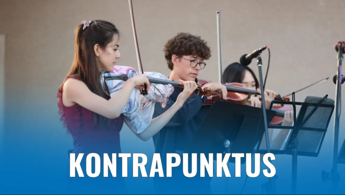 Young musicians part of the Kontrapunktus baroque music group performing at Torino Plaza in Torrance