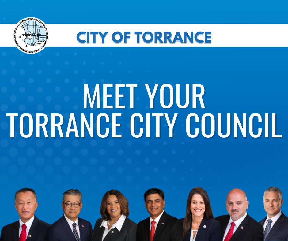 Image of Torrance City Council with text "Meet your torrance city council"