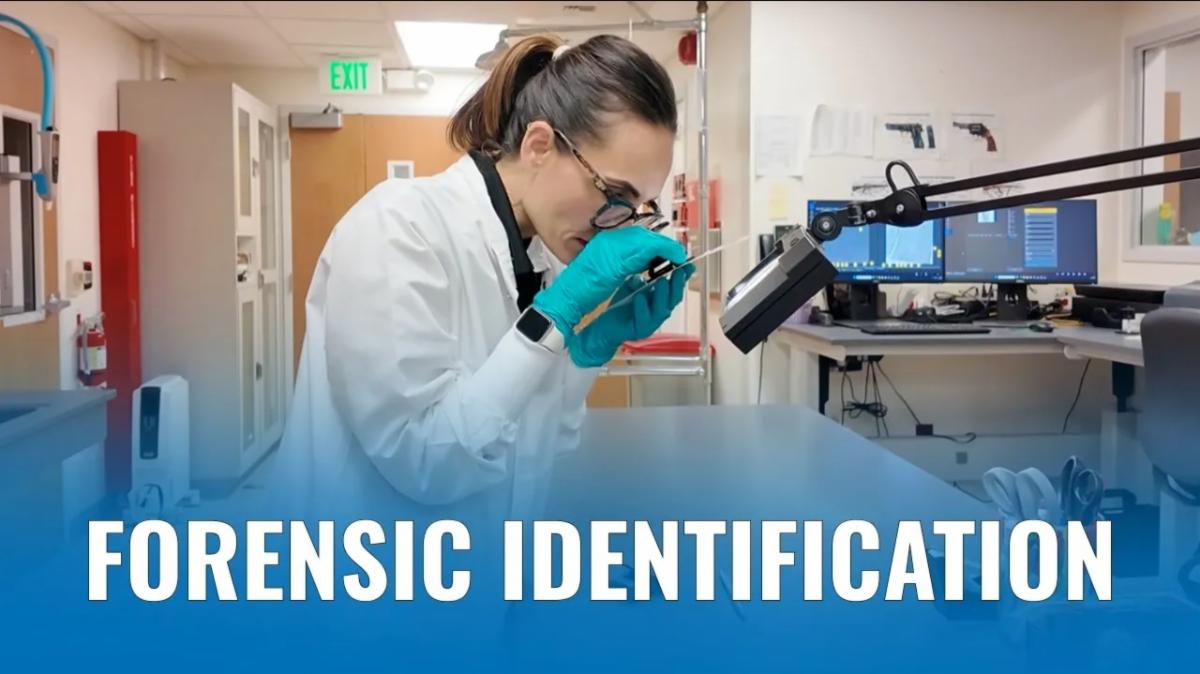 Forensic Identification position - a lady in a lab coat looking into a microscope