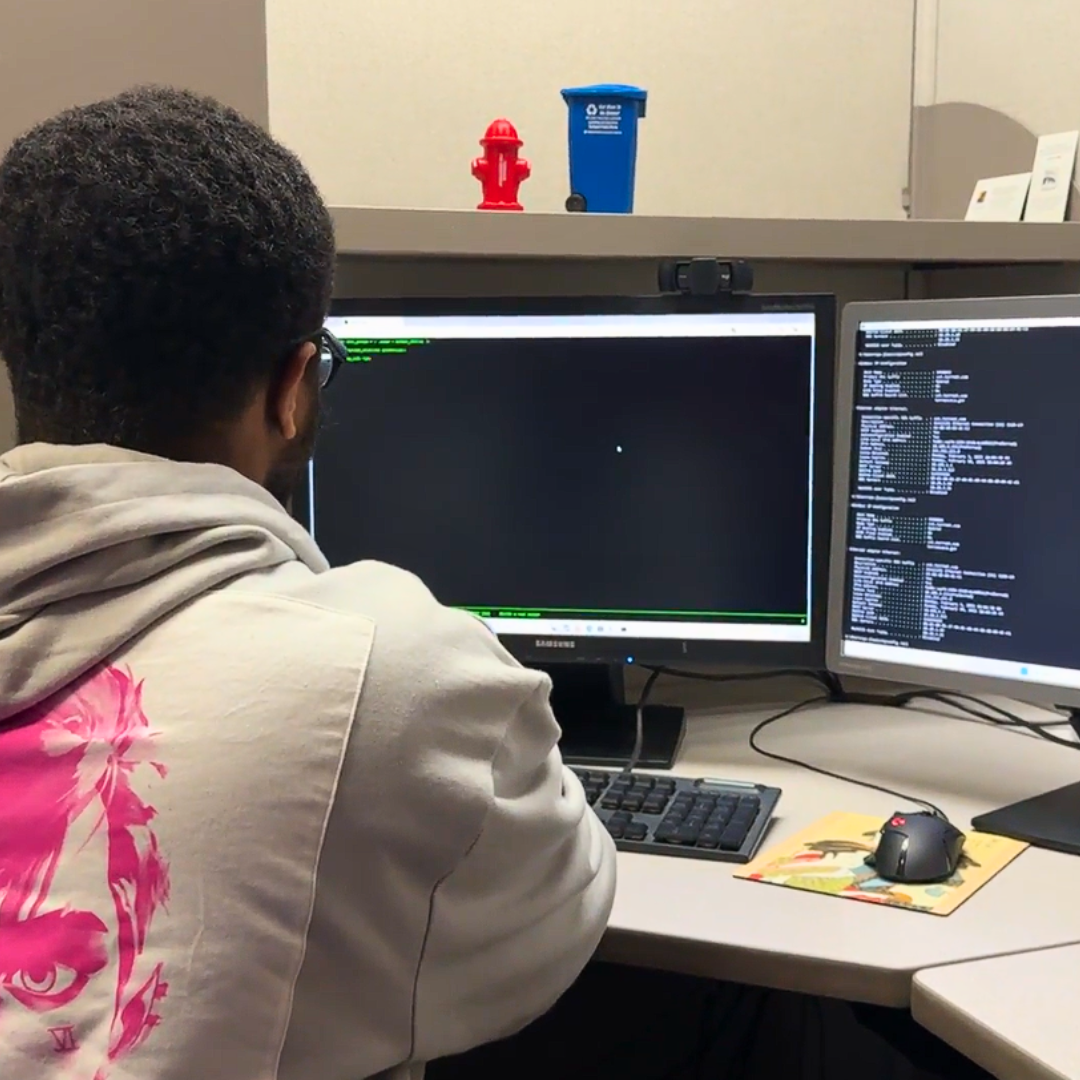 Member of the Information Technology team working on a computer
