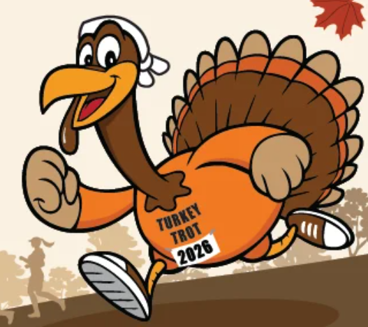 Cartoon image of a turkey running with a label saying Turkey Trot 2026