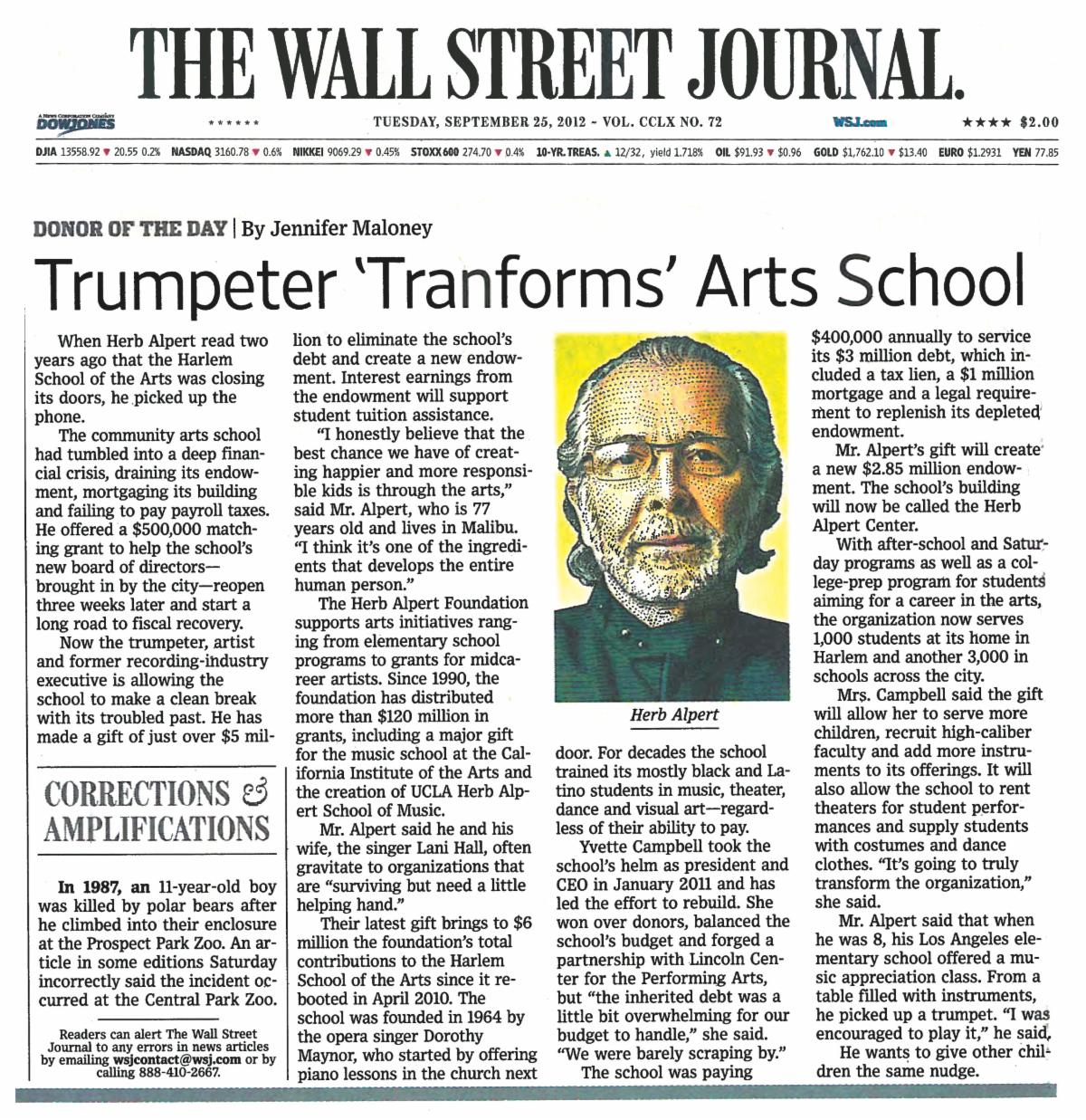 Wall Street Journal coverage of Herb Alpert's support for Harlem School of the Arts