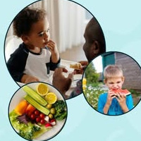 photos of children eating next to an image of fruits and vegetables