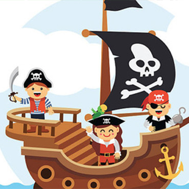 illustration of three children pirates on a ship with a Jolly Roger flag