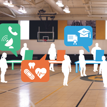 silhouettes of people at tables in a gym with speech bubbles depicting icons of communications, health, and education