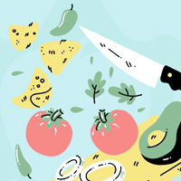 Illustration of chef's knife chopping avocado, tomatoes, onion, pepper, and cheese on a cutting board