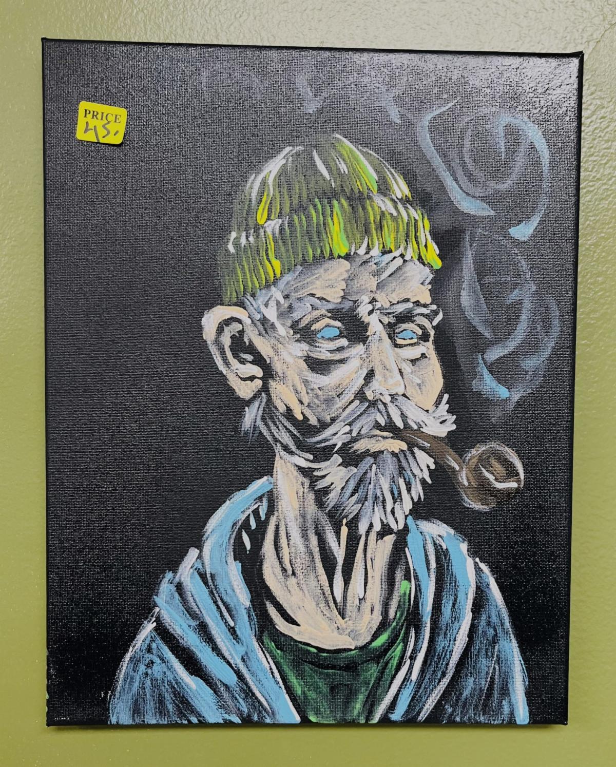 Painting of an older man with a green beanie and pipe, exhaling smoke, on a black background; yellow price sticker in the top left corner.