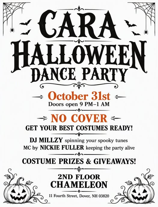 White backdrop with black lettering for the Cara Halloween dance party promo