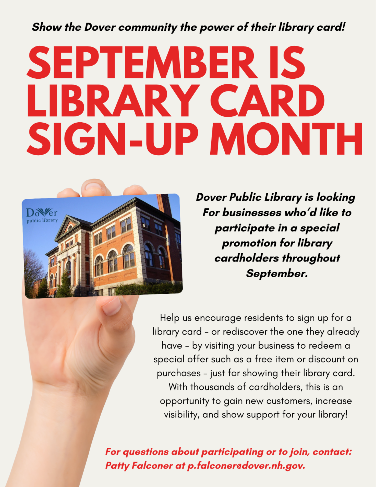 Dover Public Library Card Sign-up month promo