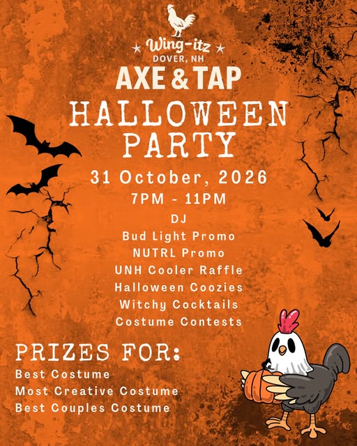 Orange backdrop with white lettering and a cartoon rooster for a promo Wing Itz halloween party