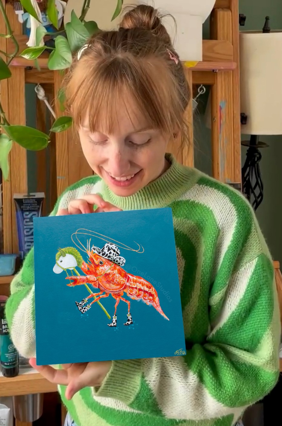 Artist Becca Lane with her dancing lobster leroy