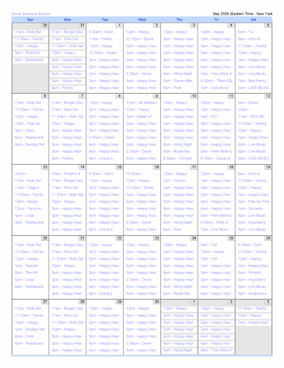 September calendar showing daily themed events including Happy Hour, Family Time, Kids Eat, Karaoke, Bingo, and Abide, with most events recurring at specific times each week.