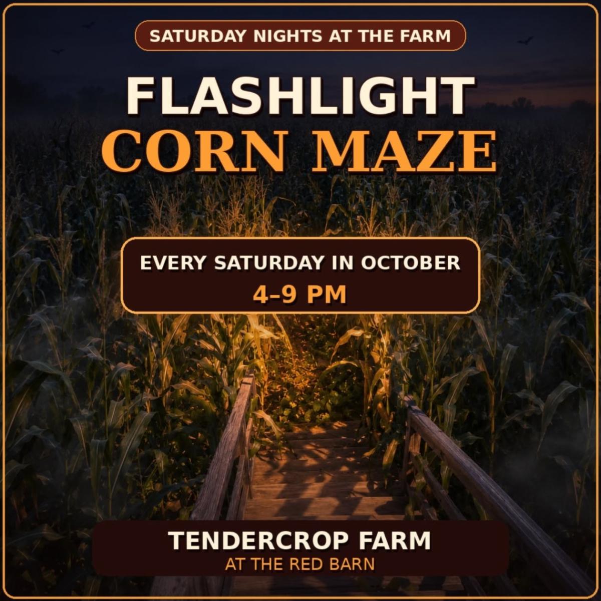 A corn field in the background with FlashLight Corn Maze on top