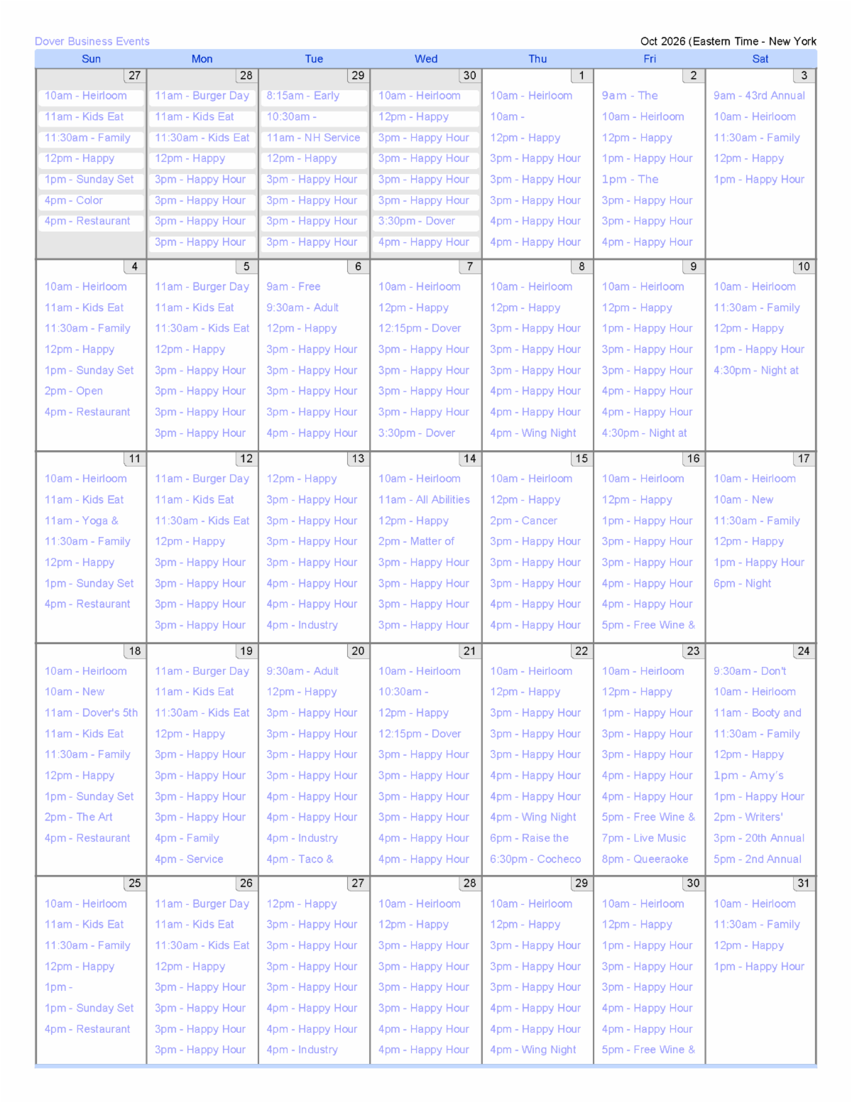 Google calendar printout showing events for Dover business community for October 2026