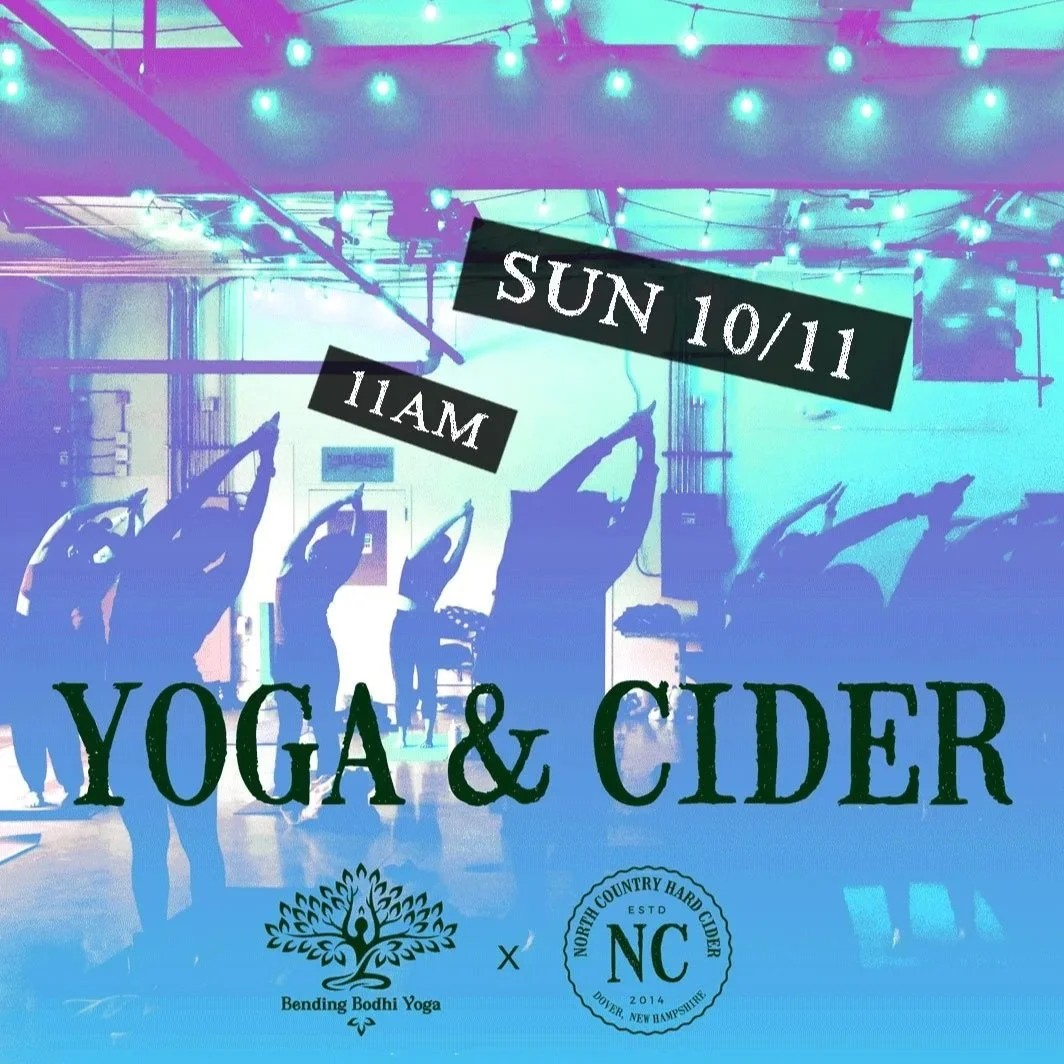 A picture of people doing a yoga pose in unison in the background with the words Yoga & Cider on top Sunday Oct 11 at 11 a.m.