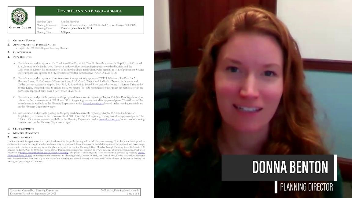 Video screenshot of Planning Director Donna Benton previewing the upcoming Planning Board meeting