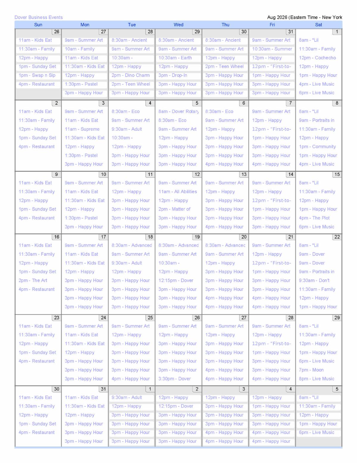 Event calendar for August 2026
