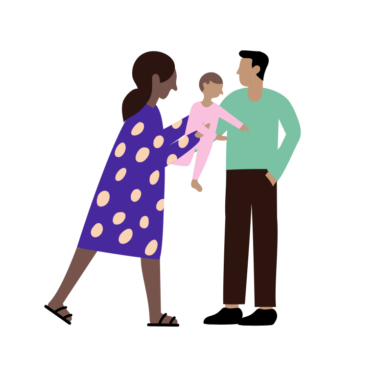 woman handing baby to man