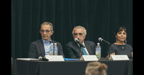 Negar Mottahedeh, Abbas Milani, and an unknown speaker (right to left) at the Stanford conference