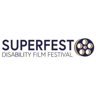 The logo for SUPERFEST Disability Film Festival, featuring the text SUPERFEST in large dark blue letters and DISABILITY FILM FESTIVAL below it, with a stylized film reel icon to the right.