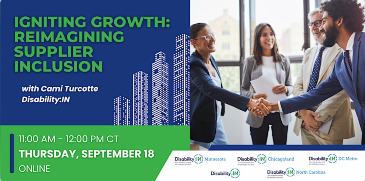 Igniting Growth Reimagining Supplier Inclusion with Cami Turcotte DisabilityIN in green and white text against a dark blue background  A white illustrated city scape appears to right of the text 12 AM  1PM ET