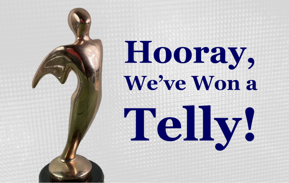 Graphic showing a Telly statue and the text, "Hooray, We've Won a Telly!" on the right.