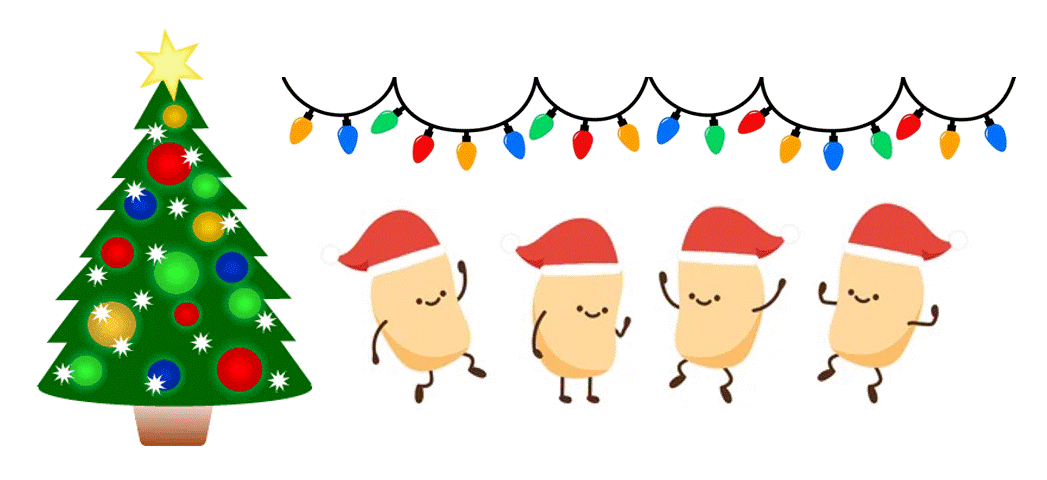 Soybeans jumping by a blinking tree wearing Santa hats.