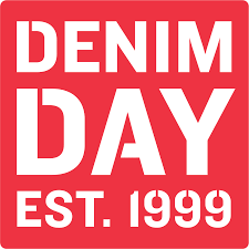Graphic image for event with red background and words Denim Day est. 1999 in white industrial font text.