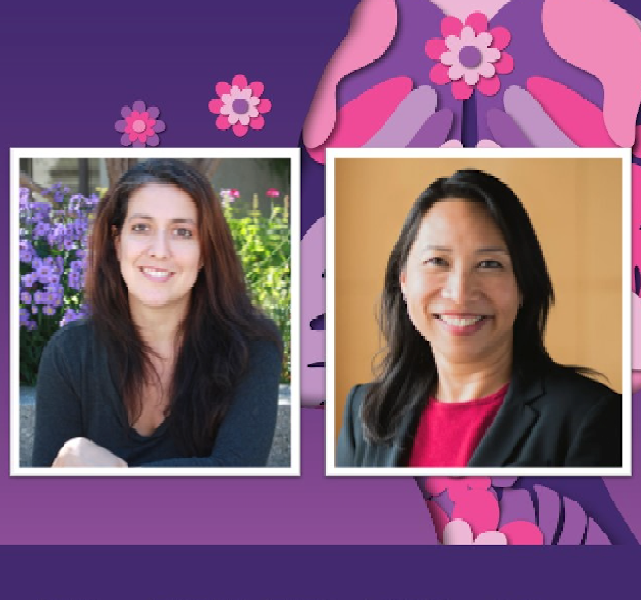 Two headshot style photos side by side of Christina Mangurian and Nerissa Ko. Both are smiling. The background is purple and pink abstract forms. 
