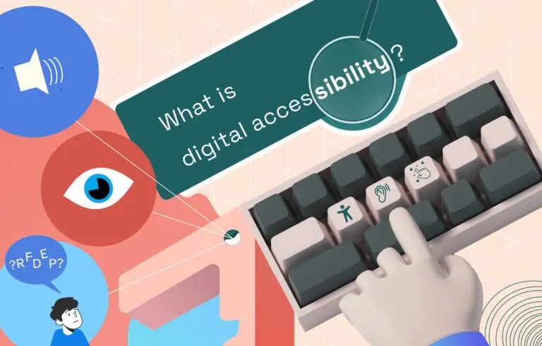 Graphic of person typing on a keyboard "what is digital accessibility?"