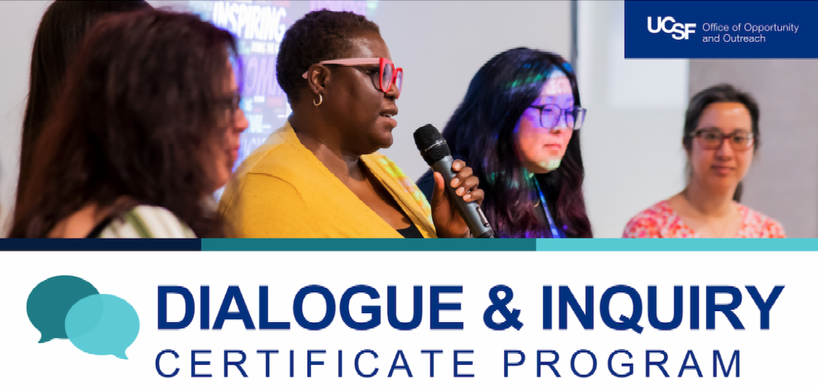 Image of four people on panel speaking in front of screen at mid-focus. At bottom are the words Dialogue and Inquiry Certificate Program in blue with teal talk bubbles graphic to the left of words.