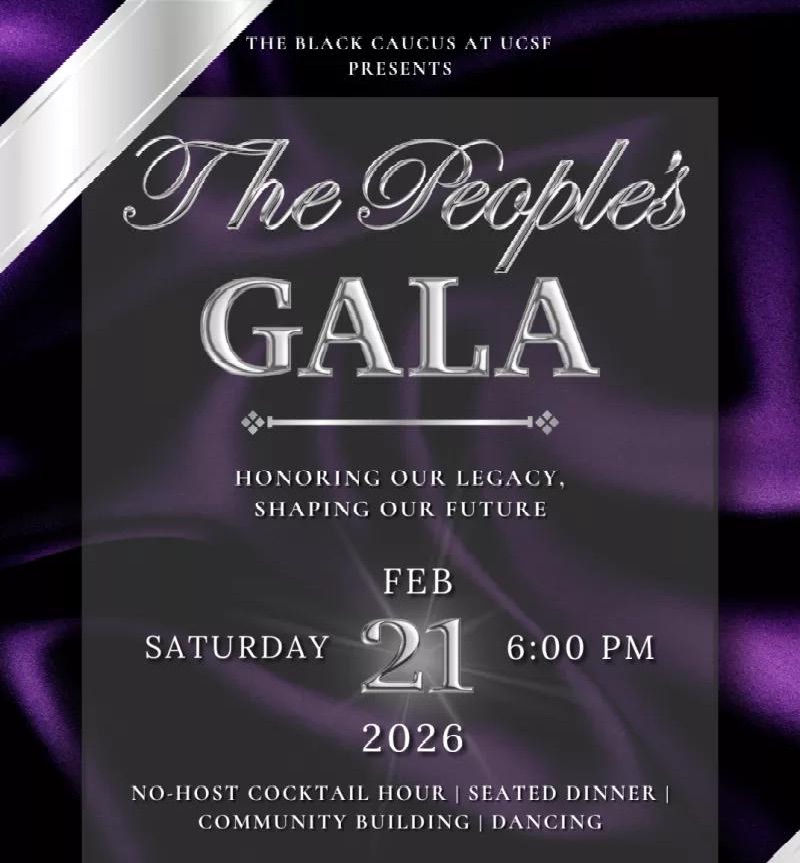 Flyer for event with purple background and white ribbon border at left and right corners. Text has Black Caucus presents The People's Gala and February 21, 2026. Feeling of design is formal and elegant.