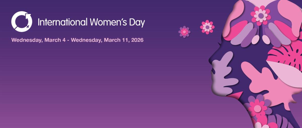 Graphic illustration for International Women's Day at UCSF with purple background and image of a profile at right in purple, fuchsia, and purple tones composed of flowers and other natural elements. 