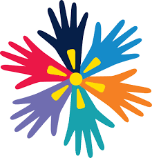 Difference matter logo which is stylized circular shape of six hands in the colors purple, blue, orange, teal, red, and dark blue with yellow accents. 